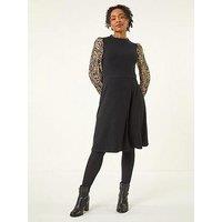Roman Petite Contrast Frill Stretch Dress - Black