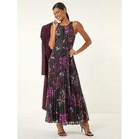Roman Floral Pleated Halter Neck Maxi Dress - Black