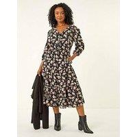 Roman Petite Floral Tiered Midi Dress - Black