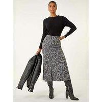 Roman Paisley Print Stretch Midi Skirt - Grey