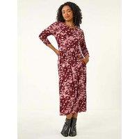 Roman Petite Floral Abstract Stretch Midi Dress - Wine