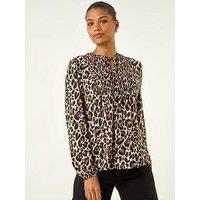 Roman Animal Print Shirred Tie Neck Top - Beige