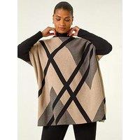 Roman Plaid Asymmetric Knit Poncho - Beige