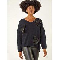 Roman Bow Embellished V-Neck Knit Jumper - Black