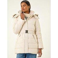 Roman Faux Fur Padded Belt Coat - Beige