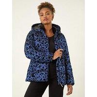 Roman Animal Print Flocked Hooded Coat - Blue