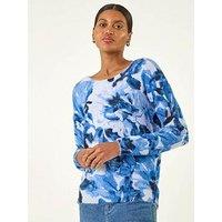 Roman Fluffy Floral Print Knit Jumper - Blue