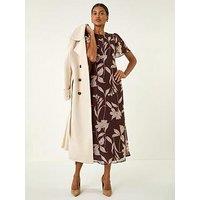 Roman Floral Print Flutter Sleeve Midi Dress - Brown