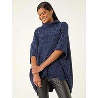 Roman Roll Neck Chenille Knit Poncho - Navy