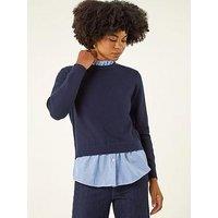 Roman Stripe Shirt Underlay Knit Jumper - Navy