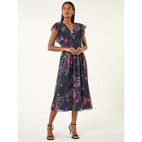 Roman Floral Print Frill Midi Dress - Navy