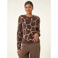 Roman Fluffy Animal Print Knit Jumper - Brown