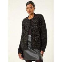 Roman Fluffy Textured Knit Cardigan - Black