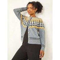 Roman Petite Fairisle Buttoned Knit Cardigan - Grey