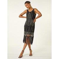 Roman Sequin Fringe Detail Midi Dress - Black