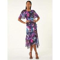 Roman Blurred Floral Frill Midi Dress - Black