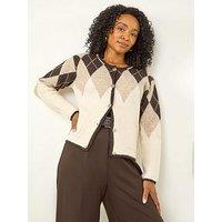 Roman Petite Buttoned Argyle Knit Cardigan - Beige