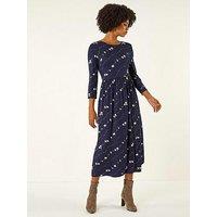 Roman Floral Gathered Waist Midi Dress - Navy