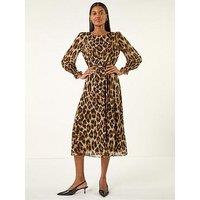 Roman Animal Print Shirred Midi Dress - Tan