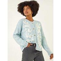 Roman Floral Buttoned Knit Cardigan - Blue