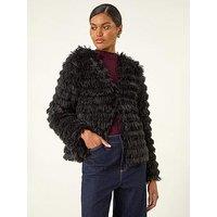 Roman Faux Fur Fluffy Layered Jacket - Black