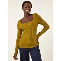 Roman Square Neck Ribbed Knit Jumper - Green