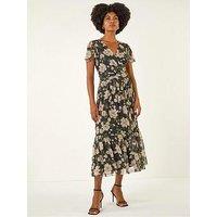 Roman Floral Print Mesh Midi Dress - Black