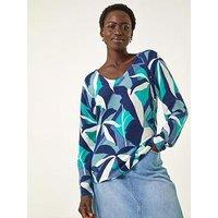 Roman Abstract V-Neck Knit Jumper - Blue