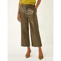Roman Faux Leather Wide Leg Crop Trousers - Green