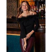 Sosandar Feather Trim Bardot Jersey Top - Black