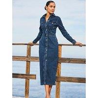Sosandar Dark Indigo Denim Long Sleeve Button Front Midi Dress - Navy