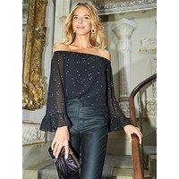 Sosandar Sheer Sleeve Bardot Top - Black & Gold