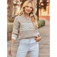 Sosandar Taupe & Ivory Patterned Quarter Zip Jumper - Beige