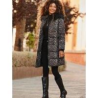 Sosandar Leopard Print Faux Fur Trim Padded Coat - Brown