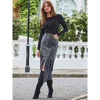 Sosandar Leopard Print Denim Midi Skirt - Grey