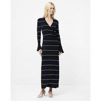 French Connection Striped Knit V-Neck Collar Bell Sleeve Maxi Dress - Black