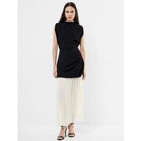 French Connection High Neck Capped Sleeves Pleated Skirt Midi Dress - Multi
