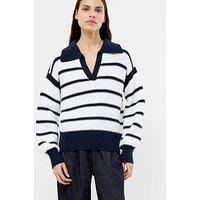 French Connection Striped V-Neck Collared Polo Knit Jumper - Multi
