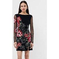 French Connection Floral Embroidered Mesh Long Sleeve Scoop Back Mini Dress - Multi