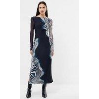 French Connection Marble Print Mesh Long Sleeve Side Slit Midi Dress - Multi