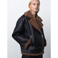 French Connection Aviator Style Zip Jacket With Faux Shearling Lining - Black/Brown