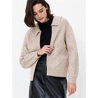 French Connection Textured Knit Open Front Collared Pearl Cardigan - Beige