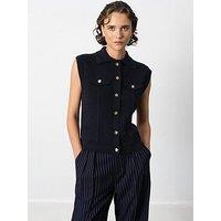 French Connection Knit Collared Button Gilet - Blue