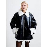 French Connection Leather-Look Coat With Faux Fur Trim