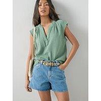 The Very Collection Notch Neck Crinkle Top Co-Ord - Khaki