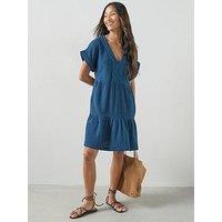 The Very Collection Crinkle Washed Tiered Indigo Mini Dress - Blue