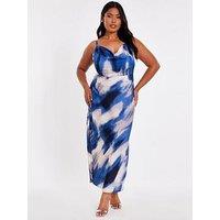 Quiz Curve Blue Satin Marble Midaxi Dress