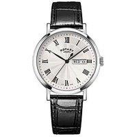 Rotary Men'S Heritage Roman Numeral Stainless Steel Black Leather Strap Watch