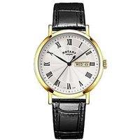 Rotary Men'S Heritage Gold Plated Stainless Steel Black Leather Strap Watch