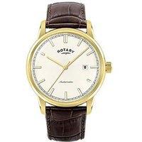 Rotary Men'S Heritage Automatic Gold Plated Stainless Steel Brown Leather Strap Watch